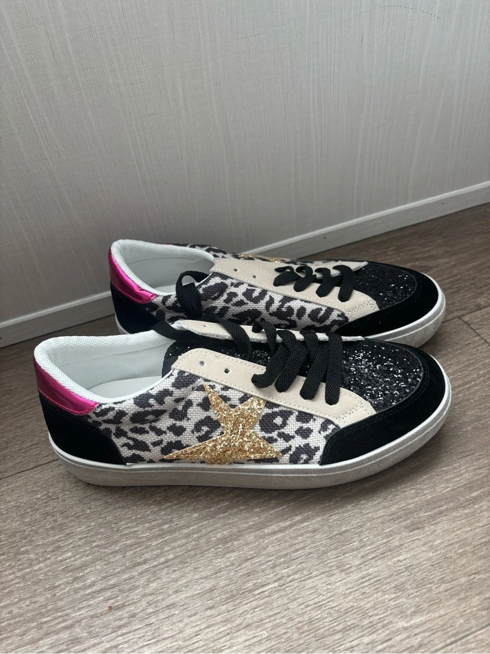 Leopard Print Glitter Star Sneakers - Black, Gold, Pink
